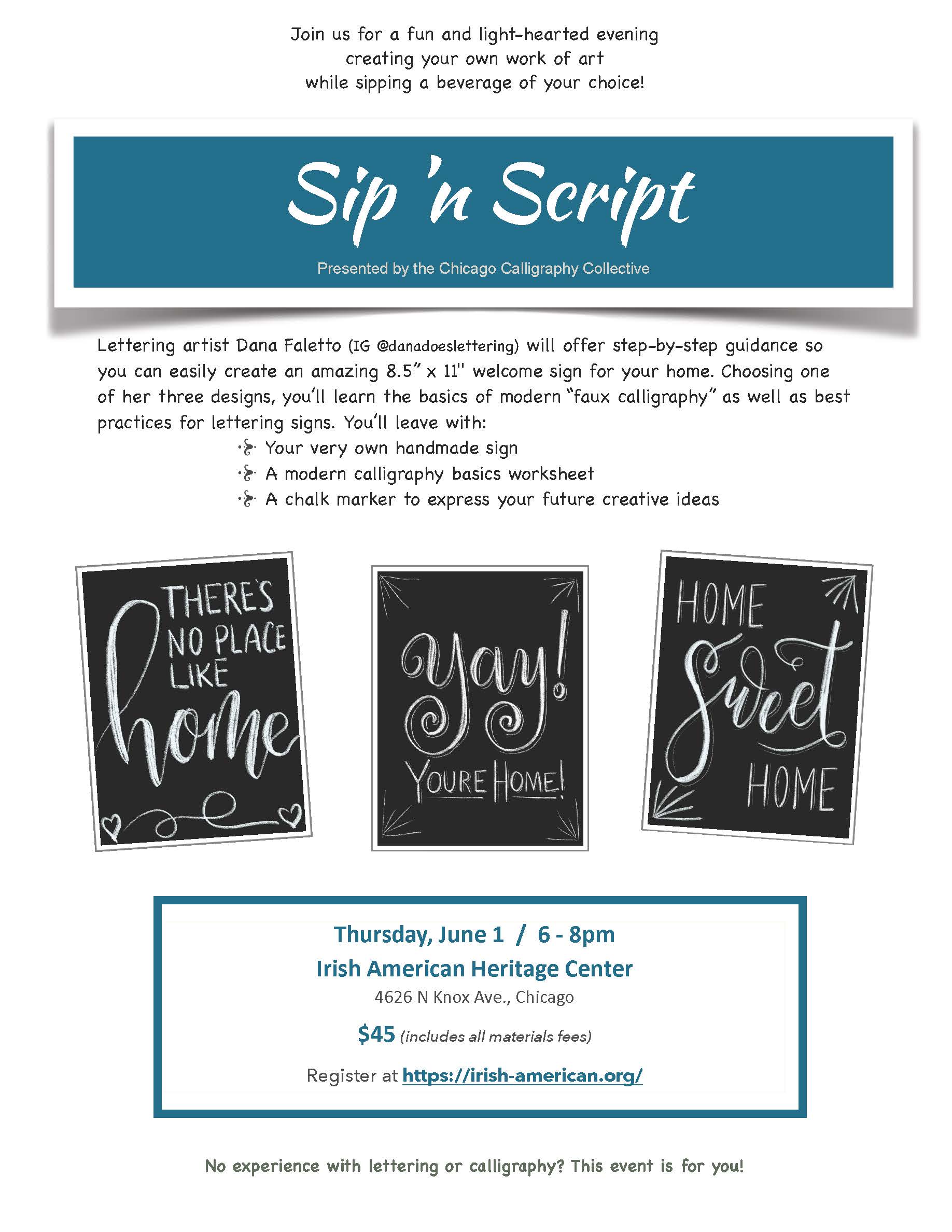 INTRO TO MODERN CALLIGRAPHY AT ERIE SOCIAL CLUB - Sip & Script